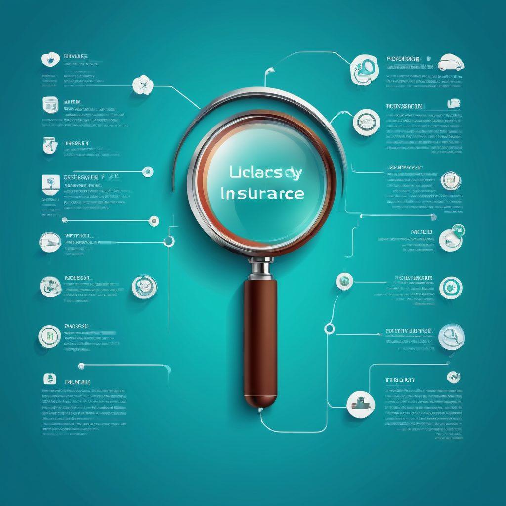 A visually engaging infographic highlighting insurance premiums and policy options, featuring a split layout with clear visual representations of different policy types, alongside icons representing benefits such as healthcare, car, and home insurance. The color palette includes calming blues and greens, with sleek typography for easy readability. Include a magnifying glass effect to signify 'understanding' each option. modern vector art. vibrant colors.