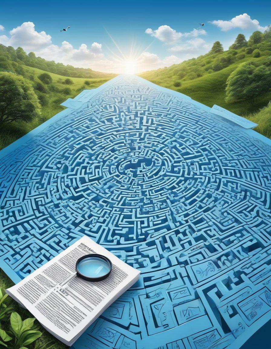 A detailed maze made of insurance paperwork and policy documents, with a wanderer holding a magnifying glass, looking puzzled yet determined. Various icons of coverage options like health, auto, and home insurance float around, symbolizing different paths. The sky overhead is bright blue, reflecting hope amidst confusion. Include hints of charts and claims forms in the background. vibrant colors. vector art.