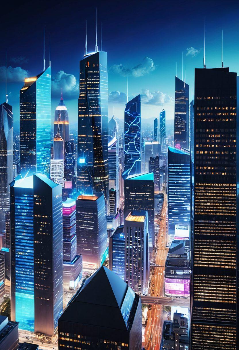 A futuristic city skyline blended with digital elements like floating insurance quotes and solutions. Illustrate diverse people on mobile devices, engaged in online insurance research in a vibrant urban setting. Include icons of security and technology intertwined with traditional insurance symbols, showcasing innovation. The atmosphere should convey progress and connectivity. super-realistic. vibrant colors. 3D.